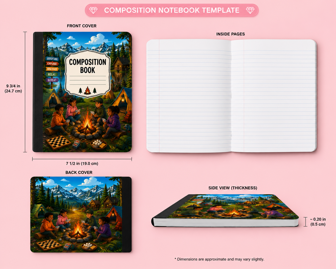 Camping Composition Notebook | Adventure Journal | Campfire & Cabin Notebook | Nature Lover Gift | Outdoor Travel Journal | Wide Ruled Notebook