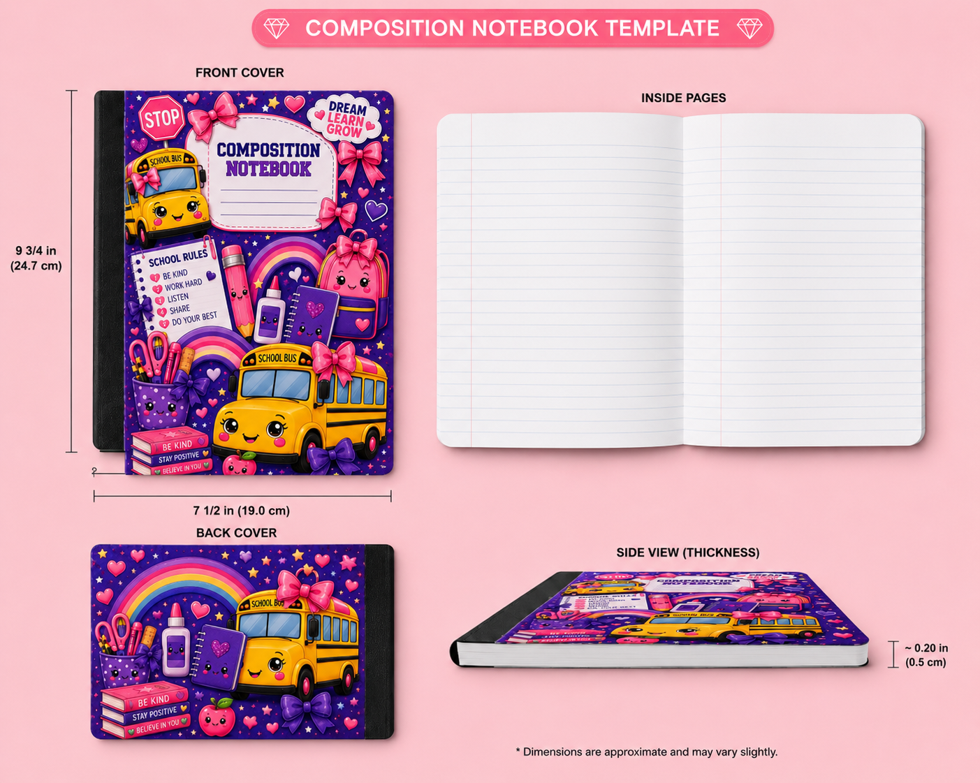 Cute Kawaii School Bus Composition Notebook | Pink & Purple School Supplies Journal | Back to School Notebook | Student Gift | Teacher Gift