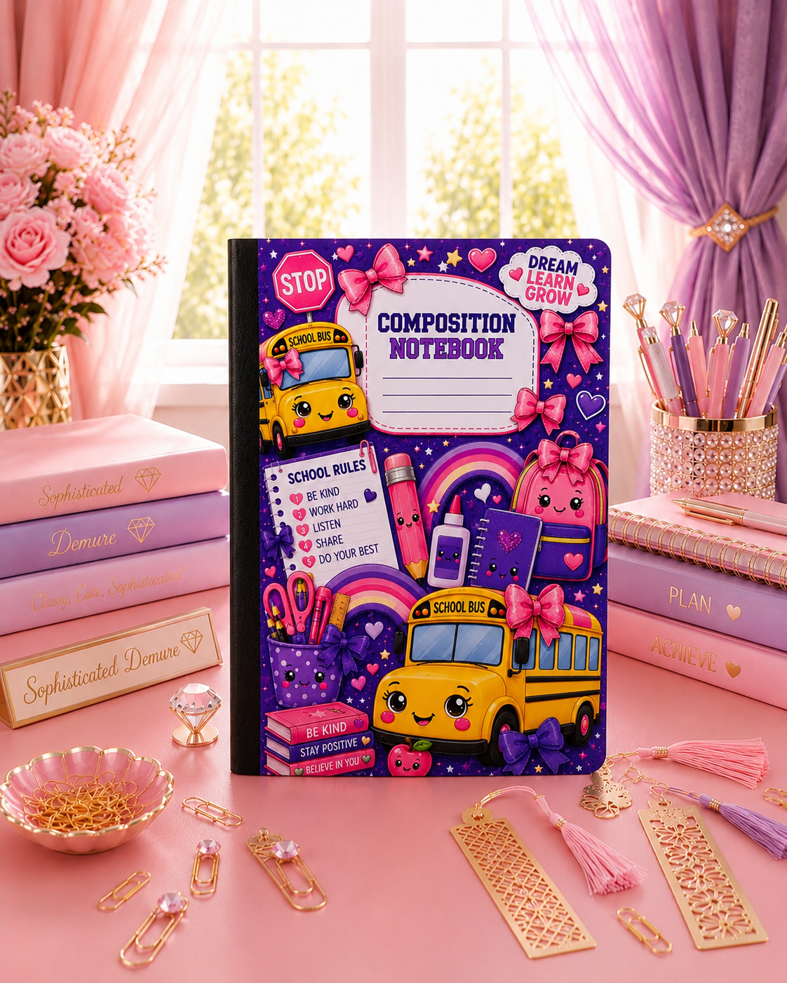 Cute Kawaii School Bus Composition Notebook | Pink & Purple School Supplies Journal | Back to School Notebook | Student Gift | Teacher Gift