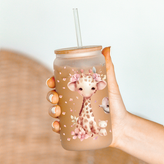 Elephant, Giraffe, Flowers Glass Can