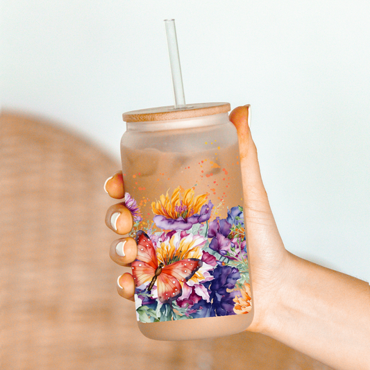 Orange and Purple Flowers Glass Can