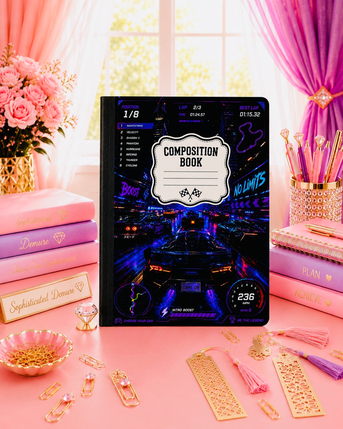 Race Car Composition Notebook | Gamer Racing Journal | Neon Racing Notebook | Car Lover Gift | Video Game Inspired Notebook | Wide Ruled