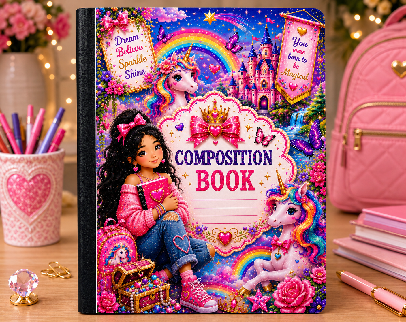 Girly Unicorn Composition Notebook| Cute Pink School Journal |Fantasy Back to School Gift