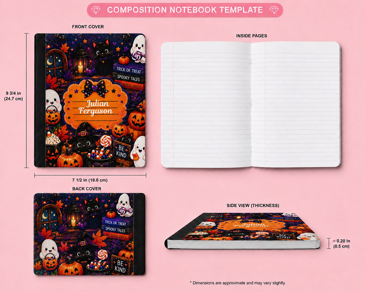 Personalized Halloween Composition Notebook | Cute Black Cat & Ghost School Notebook | Custom Student Journal | Fall Back to School Gift