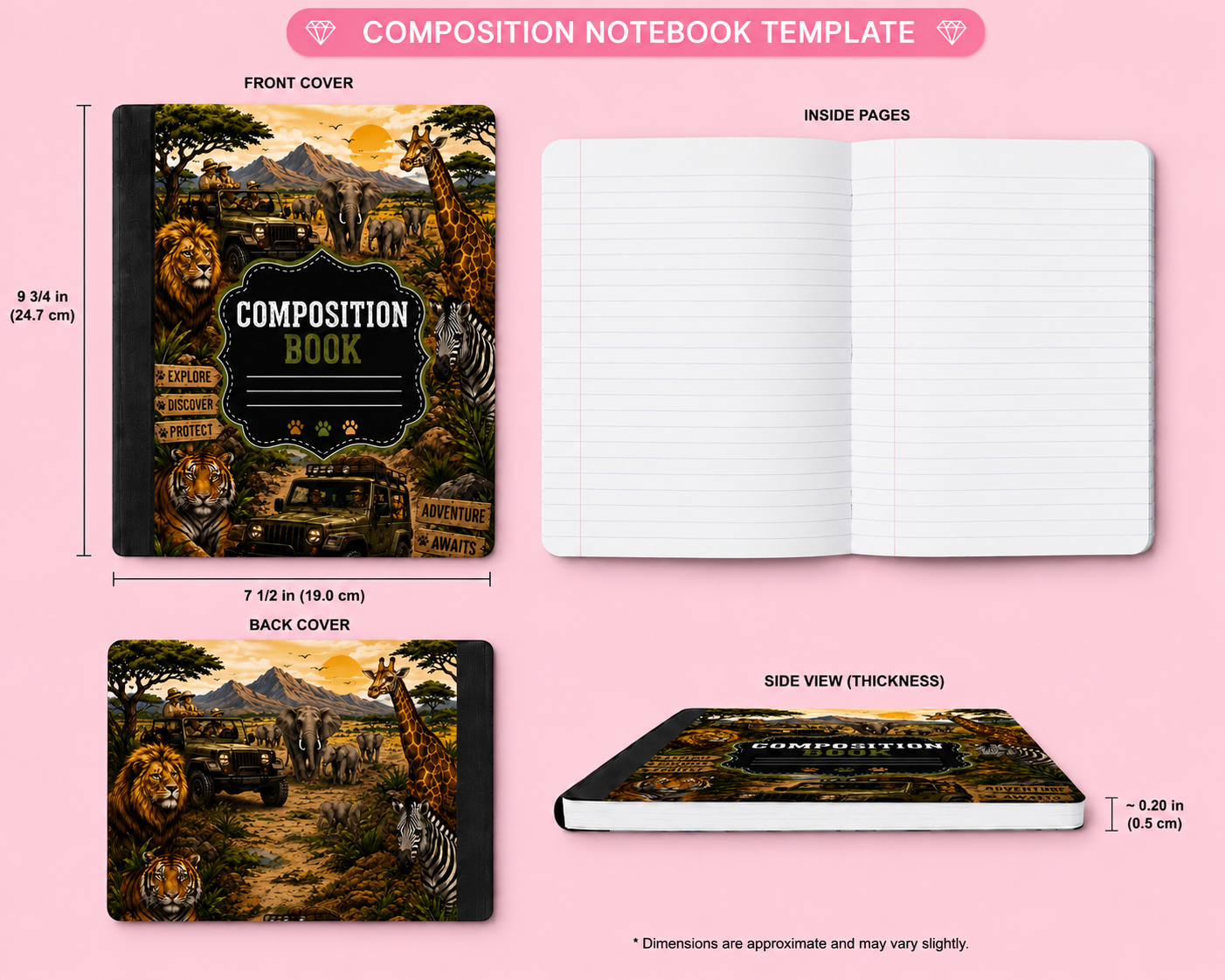 Safari Composition Notebook | Jungle Wildlife Journal | Animal Lover Notebook | Safari Adventure Journal | Back to School Notebook | Gift for children & Teens