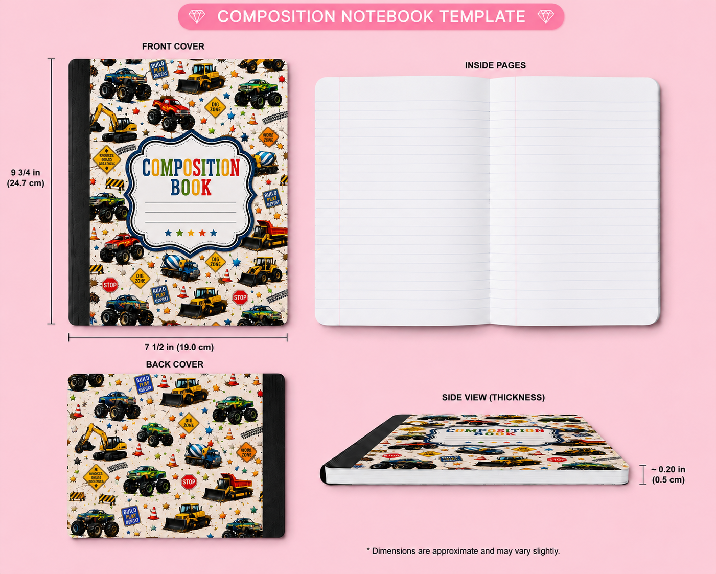 Construction Truck Composition Notebook | Monster Truck School Journal | Excavator Notebook | Back to School Gift for Boys