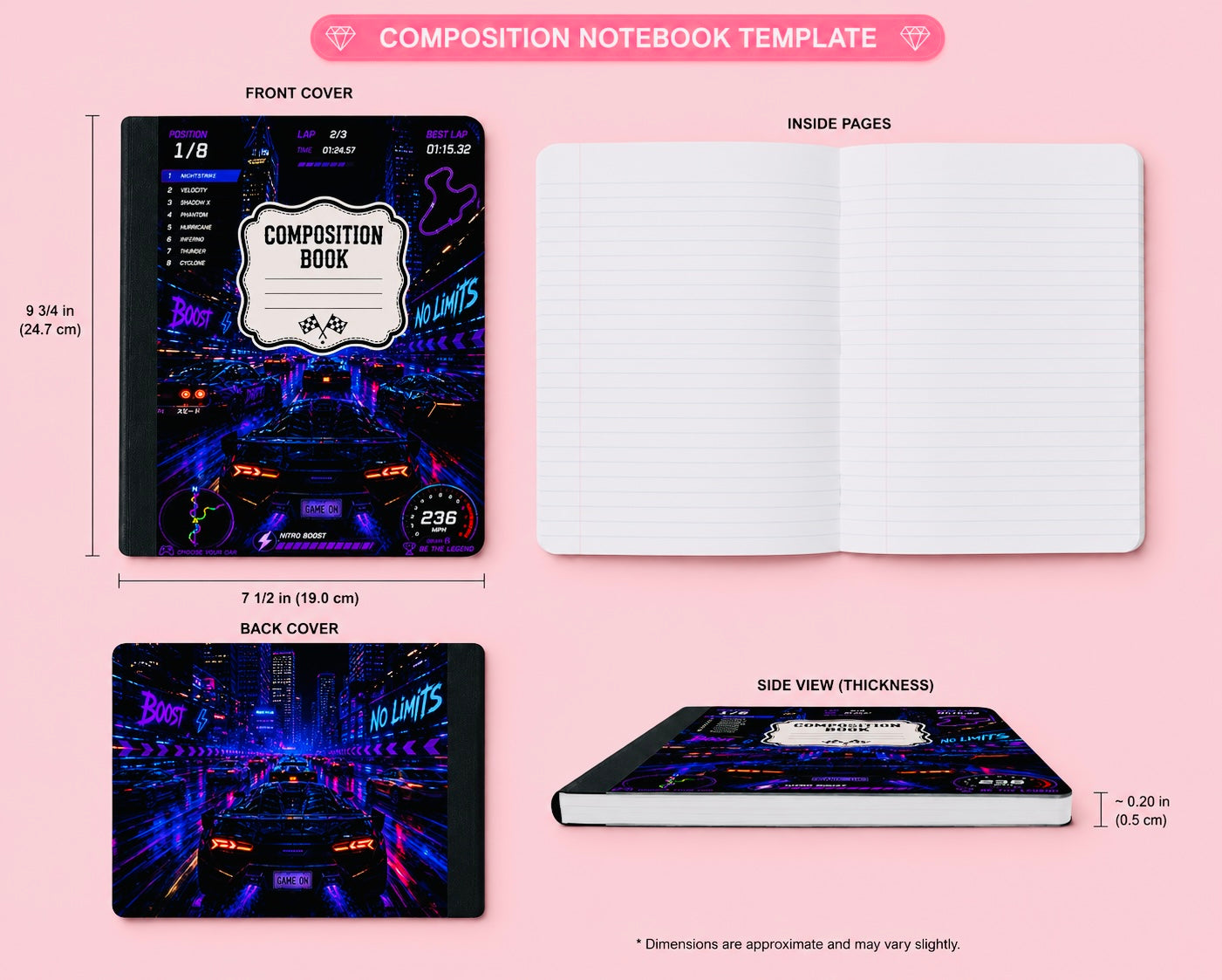 Race Car Composition Notebook | Gamer Racing Journal | Neon Racing Notebook | Car Lover Gift | Video Game Inspired Notebook | Wide Ruled
