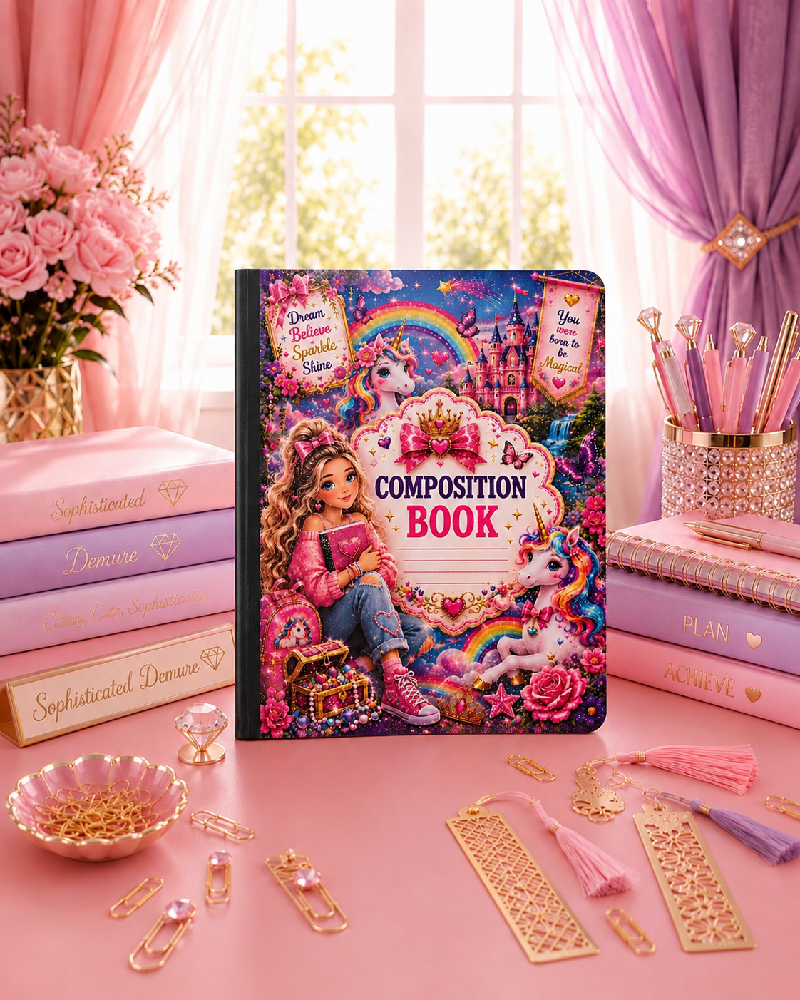 Girly Unicorn Composition Notebook| Cute Pink School Journal |Fantasy Back to School Gift