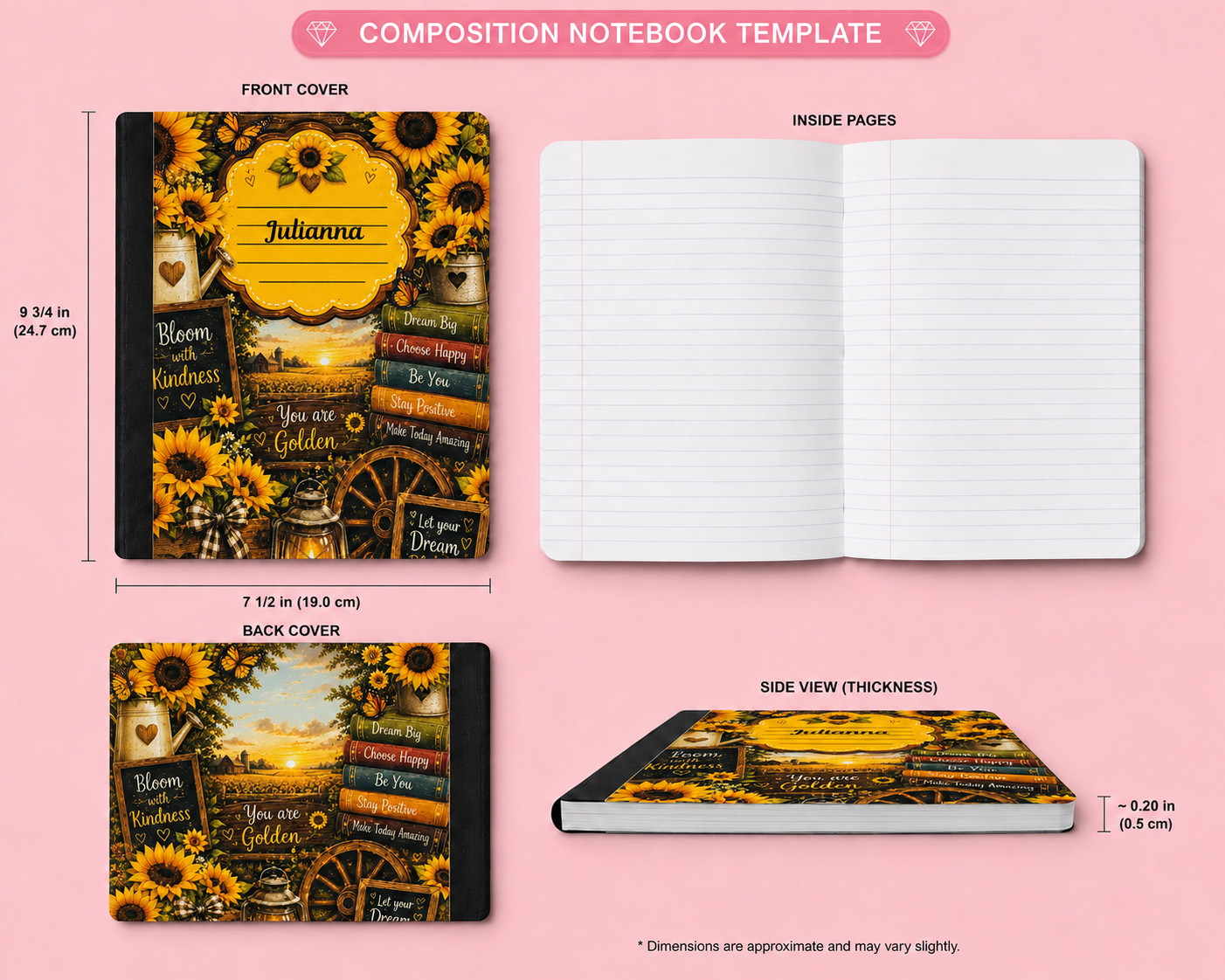 Personalized Sunflower Composition Notebook | Custom Name Journal | Rustic Floral School Notebook | Teacher Gift | Back to School