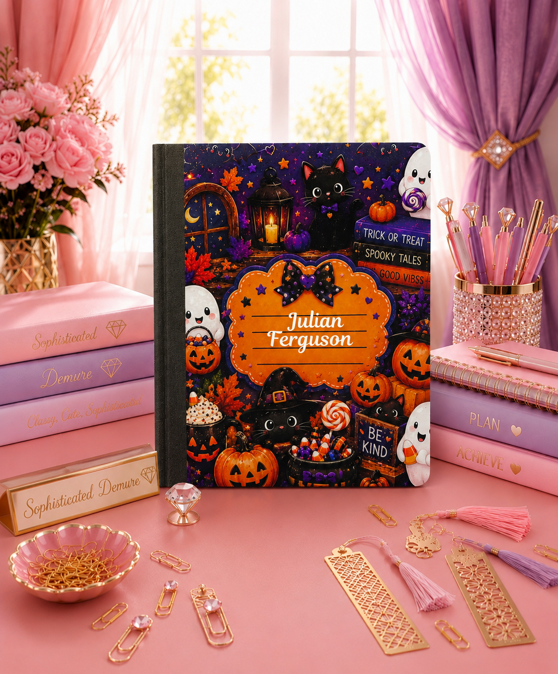 Personalized Halloween Composition Notebook | Cute Black Cat & Ghost School Notebook | Custom Student Journal | Fall Back to School Gift