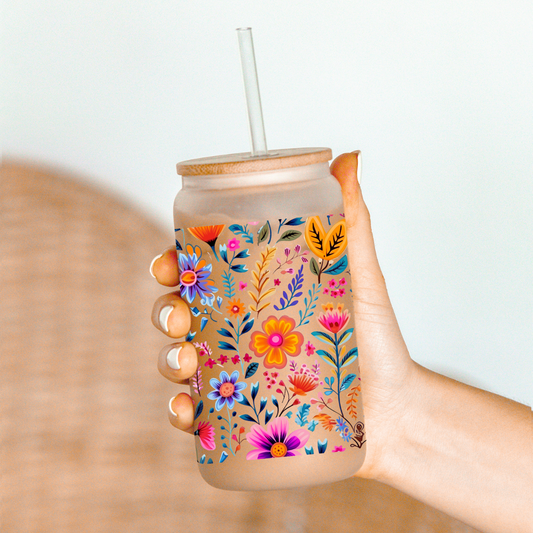 Colorful Flowers Glass Can