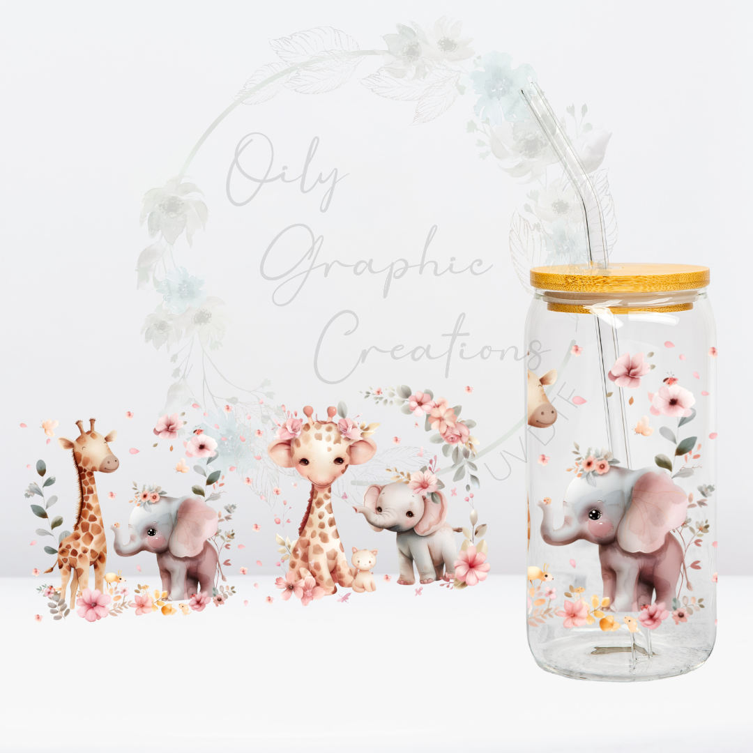 Elephant, Giraffe, Flowers Glass Can